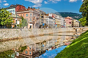 Buildings in Sarajevo over the river Miljacka - Bosnia and Herzegovina