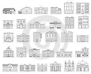 Buildings set. Cottages, store, museum, hospital, library, bank, cinema, religion, police, fire, school, university