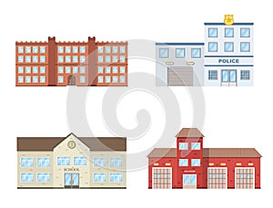 Buildings set. University, school, police, fire station building isolated on white background.