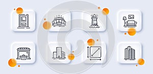 Buildings, Square area and Online market line icons pack. For web app. 3d glass buttons. Vector