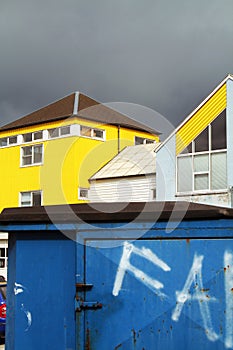 Buildings with stormy sky