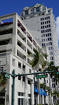 Buildings and street signalization on South Olive Avenue