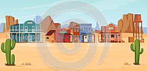Buildings in the style of the wild west. Old wooden houses of different types in the wild west. Living and daily life of