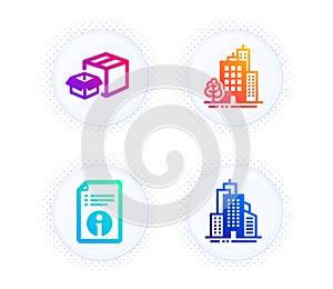 Buildings, Technical info and Packing boxes icons set. Skyscraper buildings sign. Vector