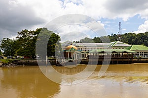 buildings and trees along Sungai Temburong river in the Temburong District in Brunei Darussalam