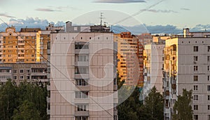 Buildings in Troitsk city in the evening sunlight