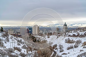 Buildings and Utah State Capital Building in downtown Salt Lake City in winter