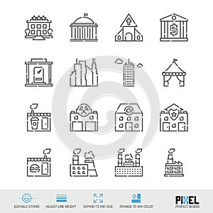 Buildings for various purposes related vector line icon set
