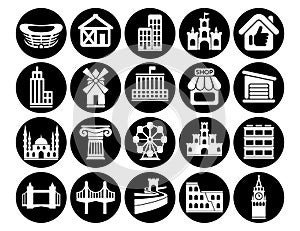 Buildings vector icons set, architectural building modern solid symbol collection Office