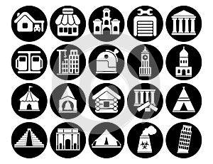 Buildings vector icons set, architectural building modern solid symbol collection Office