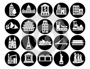 Buildings vector icons set, architectural building modern solid symbol collection Office