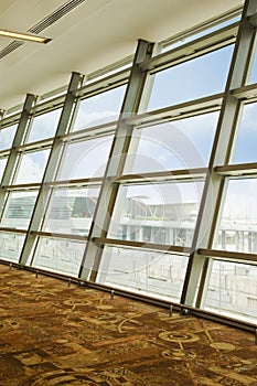 Buildings viewed through window of Shimla Airport, Shimla, Himachal Pradesh, India