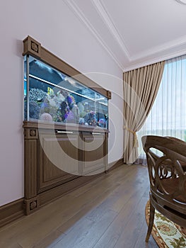 Built-in aquarium with a cabinet under it in a classic style in a wooden frame
