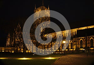 A night time view of the medieval cathedral in Lincoln. Facing East.