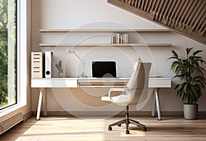 Built in beige working desk with computer shelf leather office chair air multiplier fan cream wall parquet floor in sunlight from