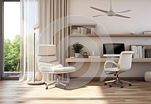 Built in beige working desk with computer shelf leather office chair air multiplier fan cream wall parquet floor in sunlight from
