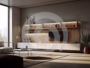 Built-in cabinet furniture installed in the house. Made of compressed wood and plywood.