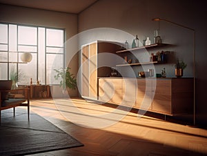 Built-in cabinet furniture installed in the house. Made of compressed wood and plywood.