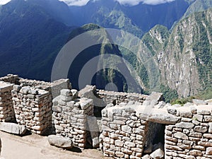 Built stone construction and mountains in Machu Picchu