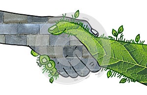 Built Wall and green Nature shaking Hands