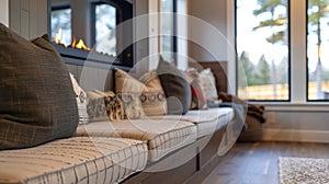 The builtin benches feature hidden storage compartments adding both function and style to the fireplace area. 2d flat