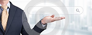 Buisnessman hand show button of blank search bar screen background, business and technology concept, web banner, Search engine