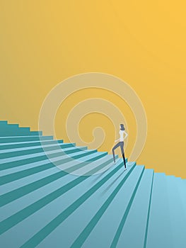 Buisnesswoman climbing career steps vector concept. Symbol of ambition, motivation, success in career, promotion.
