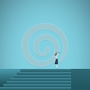 Buisnesswoman looking up career steps vector concept. Symbol of ambition, motivation, success in career, promotion.