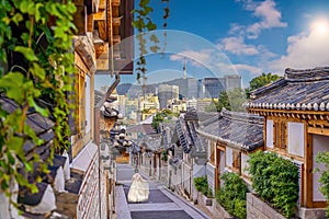 Bukchon Hanok Village with Seoul city skyline, cityscape of South Korea