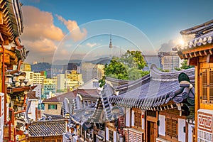 Bukchon Hanok Village with Seoul city skyline, cityscape of South Korea