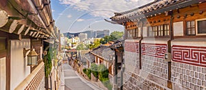 Bukchon Hanok Village with Seoul city skyline, cityscape South Korea