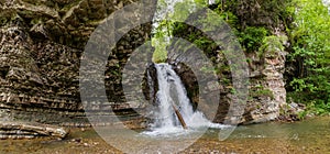 Bukhtivets waterfall in Ukrainian Carpathians, panoramic general view