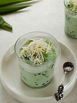 Buko Pandan, a dessert from Philippines, made from jelly, young coconut, evaporated milk, sweetened condensed milk, and ice.
