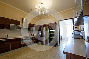 Bukovel, Ukraine February 4, 2022: kitchen with all kitchen utensils in the hotel.