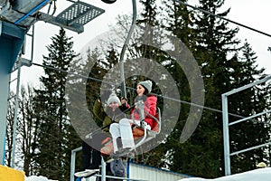 Bukovel, Ukraine February 3, 2019: vacation in the Carpathians, ski resort Bukovel, people and lift