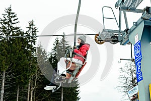 Bukovel, Ukraine February 3, 2019: vacation in the Carpathians, ski resort Bukovel, people and lift