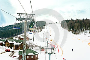 Bukovel  Ukraine February 3  2019: vacation in the Carpathians  ski resort Bukovel  ski lift