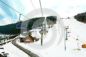 Bukovel  Ukraine February 3  2019: vacation in the Carpathians  ski resort Bukovel  ski lift
