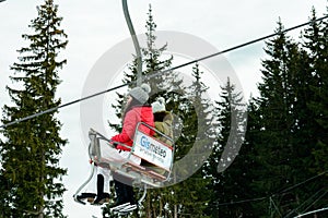 Bukovel, Ukraine February 3, 2019: vacation in the Carpathians, ski resort Bukovel, people and lift