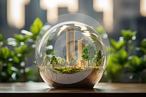 Bulb filled with green trees, plants and buildings. Concept of green city, renewable and clean energy, sustainable resources,