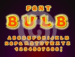 Bulb font. Glowing letters. Retro Alphabet with lamps. ABC point