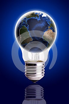 Bulb with globe blue black gradient background,Earth Map and Globe shape courtesy of NASA.