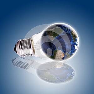 Bulb with globe blue gradient background,Earth Map and Globe