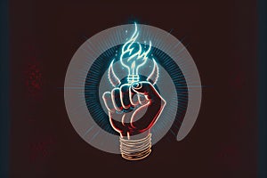 Bulb with glowing devil horns hand gesture in dark backdrop