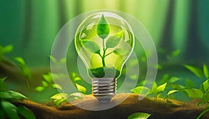 Bulb with a green plant inside in a forest. Renewable engeries concept