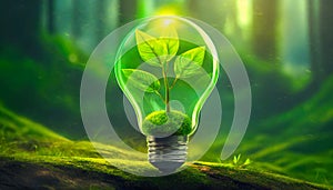 Bulb with a green plant inside in a forest. Renewable engeries concept