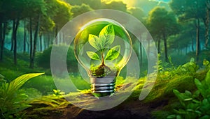 Bulb with a green plant inside in a forest. Renewable engeries concept