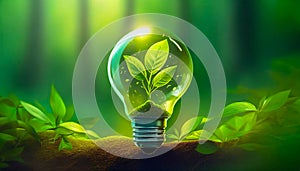 Bulb with a green plant inside in a forest. Renewable engeries concept