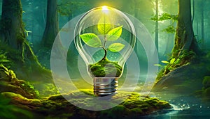 Bulb with a green plant inside in a forest. Renewable engeries concept