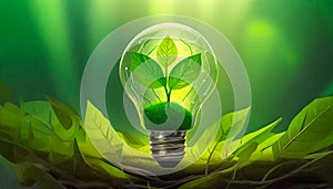 Bulb with a green plant inside on green background. Renewable engeries concept